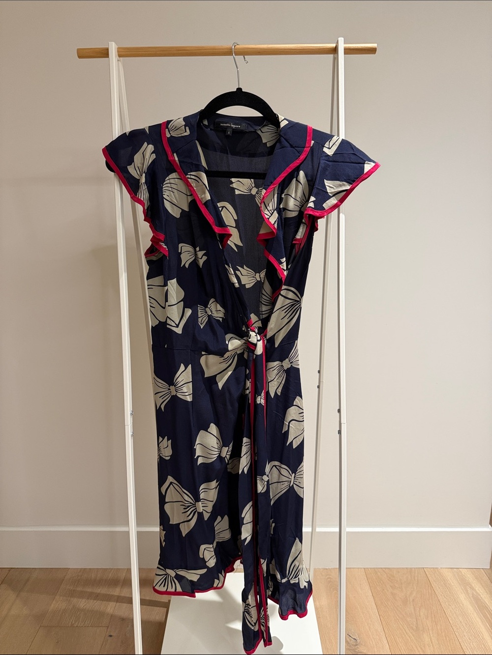 Nanette Lepore Navy Floral Wrap Dress with Cream Motif and Pink Trim